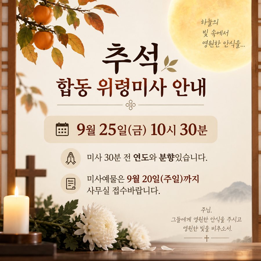 추석 합동위령미사 안내: 9월 25일(금) 10시 30분, 미사 30분 전 연도와 분향이 있습니다. 미사예물은 9월 20일(주일)까지 사무실 접수 바랍니다.